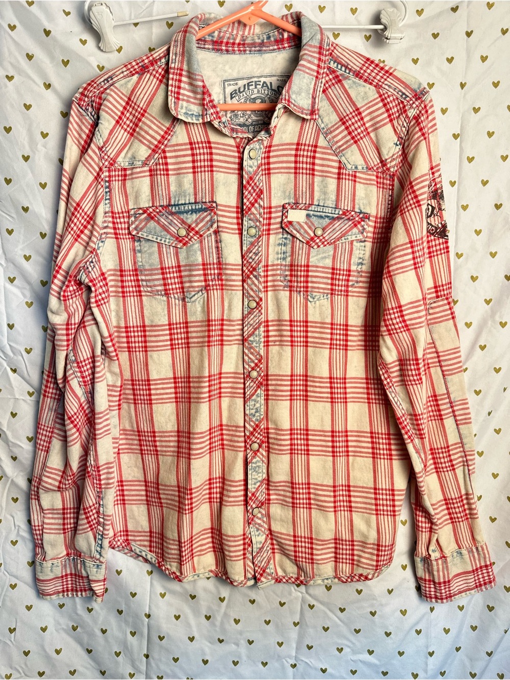 Vintage Buffalo David Bitton Red & Cream Plaid Shirt w pearl snap buttons